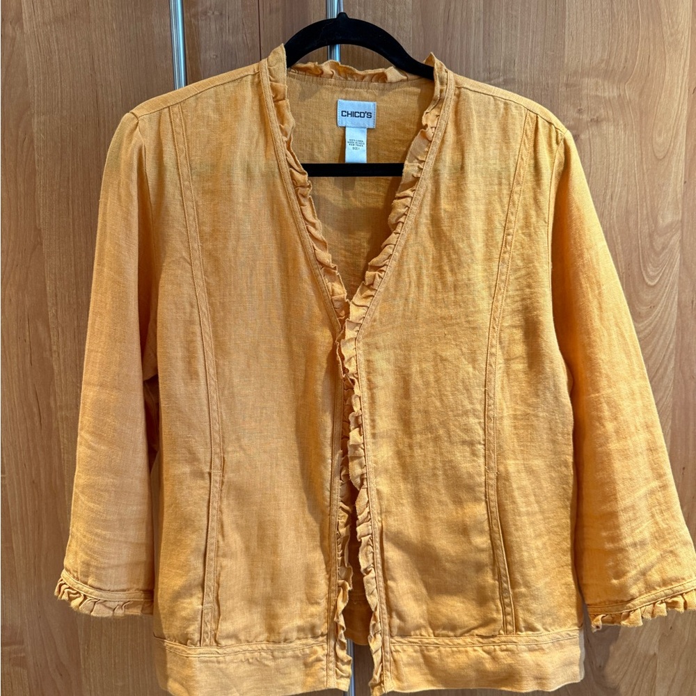 Chico’s 100% Linen Ruffle Trim Jacket – Size 1 (Medium)
